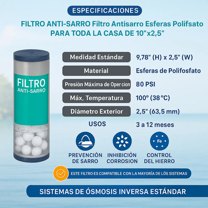 Filtro Antisarro Esferas Polifosfato 10x2,5 Osmosis Inversa