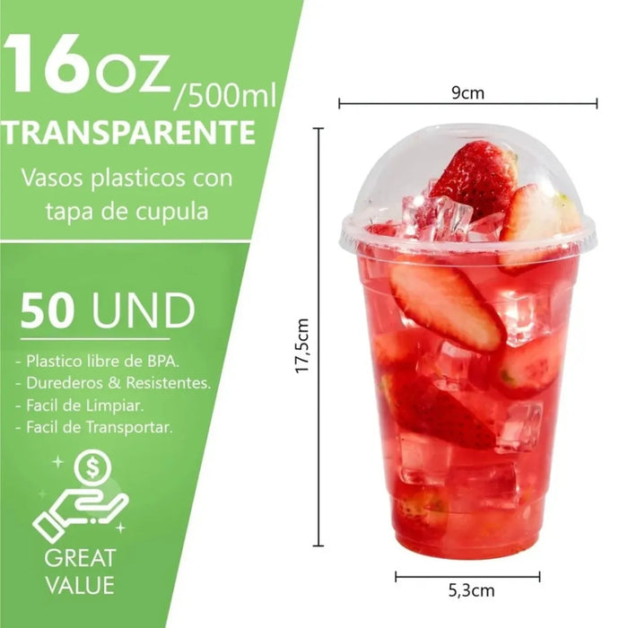 50 Vasos Plasticos Tapa Con Hoyo Desechables Grande 500ml
