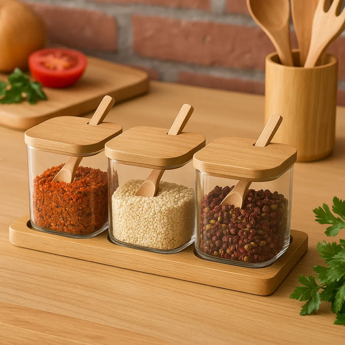 X3 Porta Condimentero Especiero Bambu Organizador De Cocina
